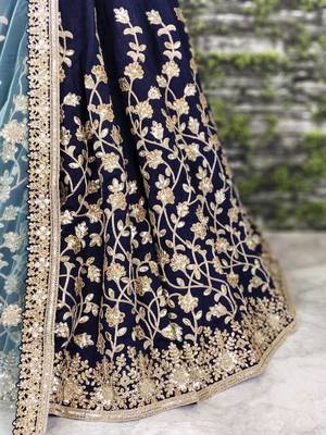 Navy Blue Dori Badla And Sequins Embroidered Silk Bridal Lehenga 3