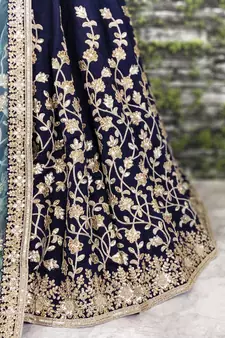 Navy Blue Dori Badla And Sequins Embroidered Silk Bridal Lehenga