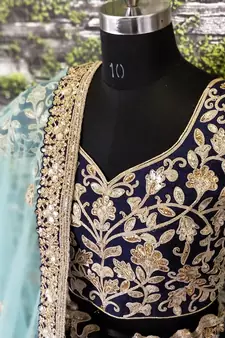 Navy Blue Dori Badla And Sequins Embroidered Silk Bridal Lehenga