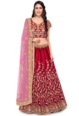 Maroon Dori Badla And Sequins Embroidered Raw Silk Semi Stitched Lehenga Choli 1