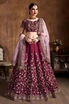 Maroon Dori, Badla And Sequins Embroidered Raw Silk Semi Stitched Lehenga Choli
