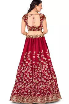 Maroon Dori Badla And Sequins Embroidered Raw Silk Semi Stitched Lehenga Choli