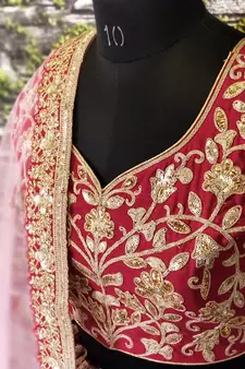Maroon Dori Badla And Sequins Embroidered Raw Silk Semi Stitched Lehenga Choli