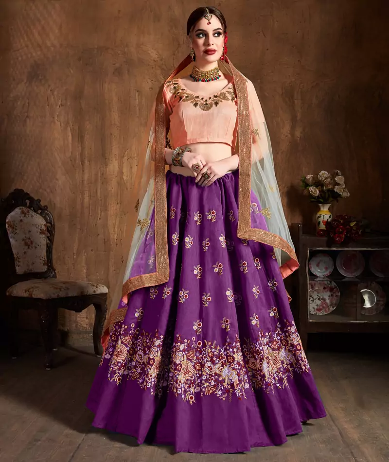 Purple Sequins, Resham, Thread And Dori Embroidered Art Silk lehenga choli for bride