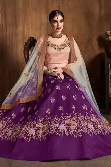 Purple Sequins Resham Thread And Dori Embroidered Art Silk Lehenga Choli For Bride