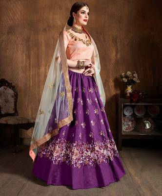 Purple Sequins Resham Thread And Dori Embroidered Art Silk Lehenga Choli For Bride 3
