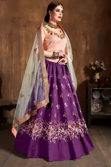 Purple Sequins Resham Thread And Dori Embroidered Art Silk Lehenga Choli For Bride