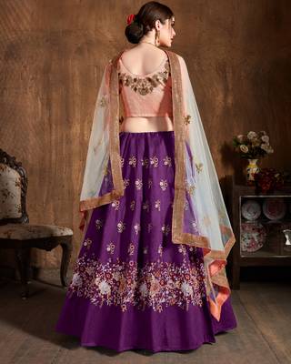 Purple Sequins Resham Thread And Dori Embroidered Art Silk Lehenga Choli For Bride 4