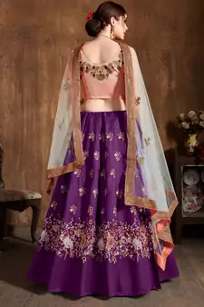 Purple Sequins Resham Thread And Dori Embroidered Art Silk Lehenga Choli For Bride