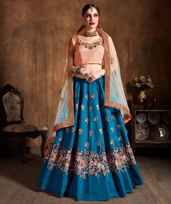 Teal Blue Sequins Resham Thread And Dori Embroidered Art Silk lehenga choli for wedding 1