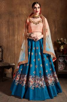 Teal Blue Sequins, Resham, Thread And Dori Embroidered Art Silk lehenga choli for wedding