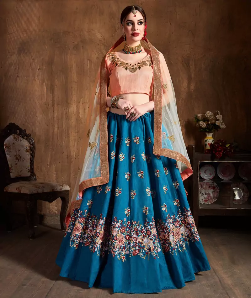Light Blue Embroidered Art Silk Unstitched Lehenga With Dupatta