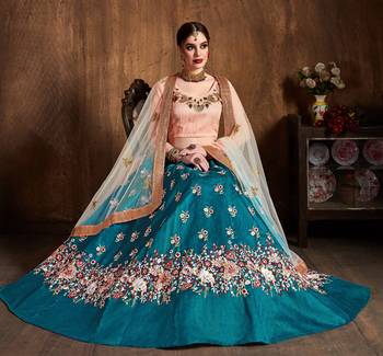 Teal Blue Sequins Resham Thread And Dori Embroidered Art Silk lehenga choli for wedding 2
