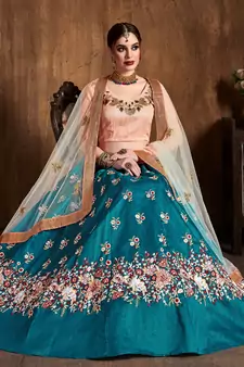 Teal Blue Sequins, Resham, Thread And Dori Embroidered Art Silk lehenga choli for wedding