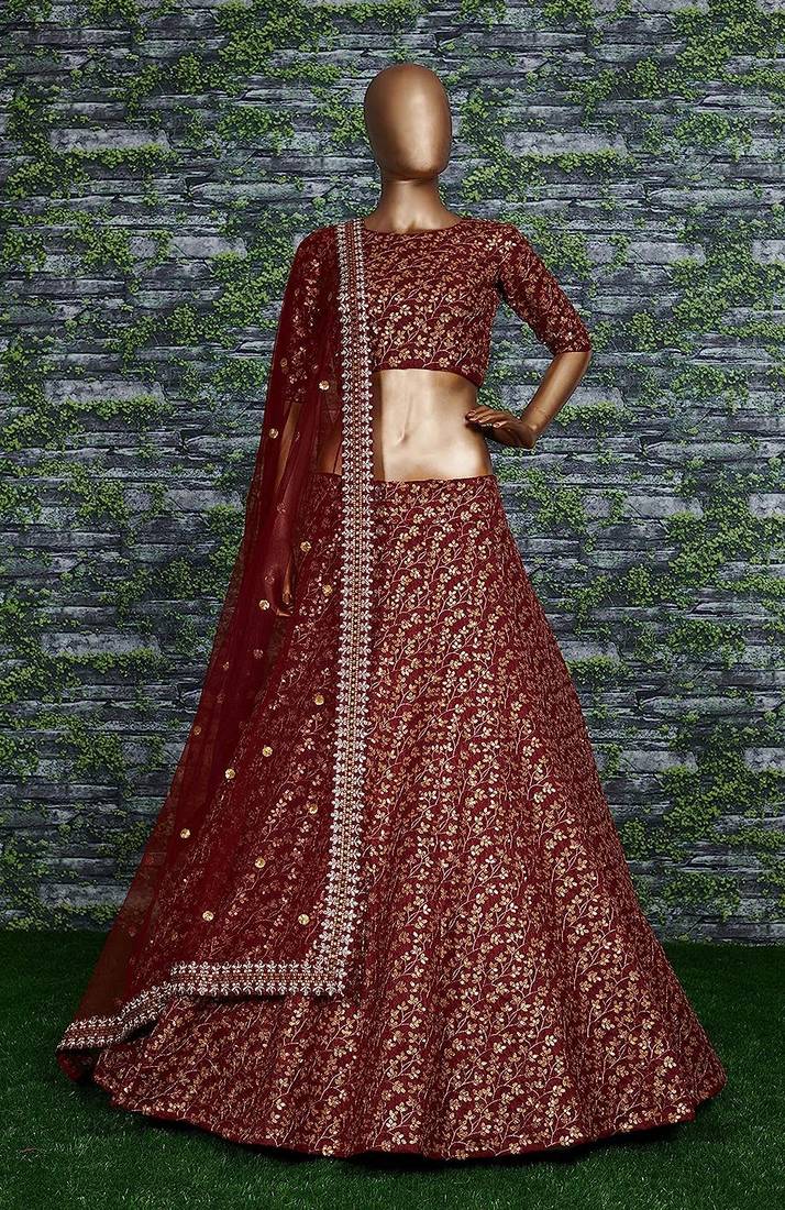Maroon Zari And Heavy Sequins Embroidered Art Silk Lehenga Choli For Wedding