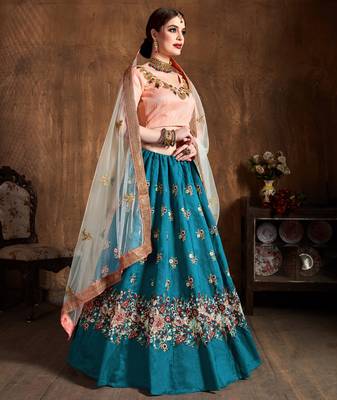 Teal Blue Sequins Resham Thread And Dori Embroidered Art Silk lehenga choli for wedding 3