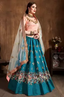 Teal Blue Sequins, Resham, Thread And Dori Embroidered Art Silk lehenga choli for wedding