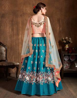 Teal Blue Sequins Resham Thread And Dori Embroidered Art Silk lehenga choli for wedding 4