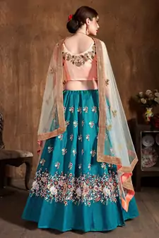 Teal Blue Sequins, Resham, Thread And Dori Embroidered Art Silk lehenga choli for wedding