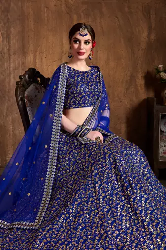 Royal Blue Zari And Heavy Sequins Embroidered Art Silk lehenga choli for bride