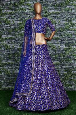 Royal Blue Zari And Heavy Sequins Embroidered Art Silk Lehenga Choli For Bride 3