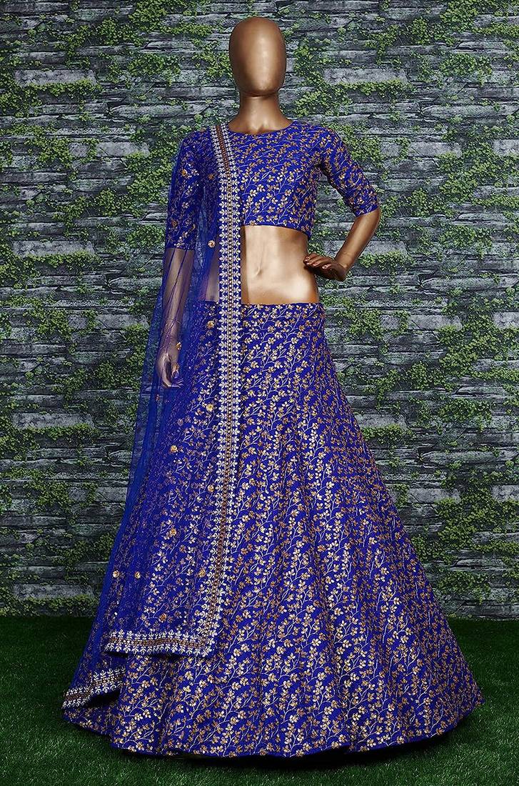 Royal Blue Zari And Heavy Sequins Embroidered Art Silk Lehenga Choli For Bride