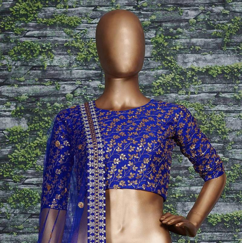 Royal Blue Zari And Heavy Sequins Embroidered Art Silk Lehenga Choli For Bride