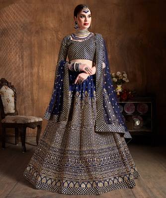 Navy Blue Zari &Glitter Sequins Embroidered Art Silk Party Wear Lehenga 1