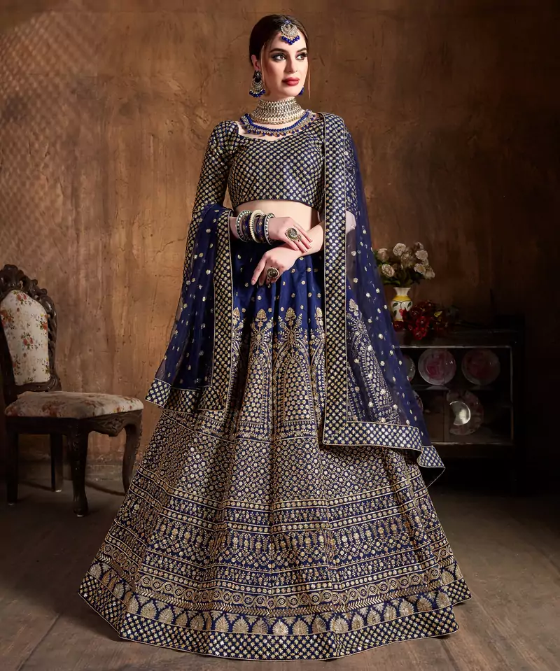 Engaging Navy Blue Zari &Glitter Sequins Embroidered Art Silk Party wear Lehenga