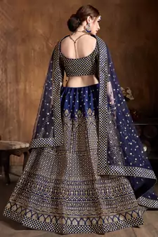 Navy Blue Zari &Glitter Sequins Embroidered Art Silk Party Wear Lehenga