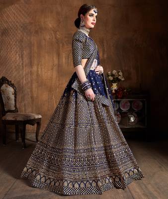 Navy Blue Zari &Glitter Sequins Embroidered Art Silk Party Wear Lehenga 3