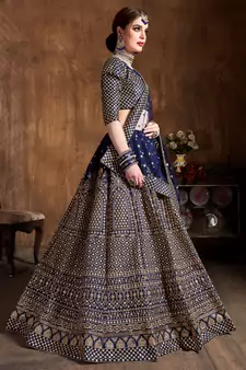 Navy Blue Zari &Glitter Sequins Embroidered Art Silk Party Wear Lehenga
