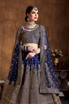 Navy Blue Zari &Glitter Sequins Embroidered Art Silk Party Wear Lehenga 4