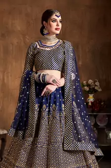 Navy Blue Zari &Glitter Sequins Embroidered Art Silk Party Wear Lehenga