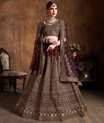 Mesmerizing Maroon Zari & Glitter Sequins Embroidered Art Silk wedding Lehenga 1