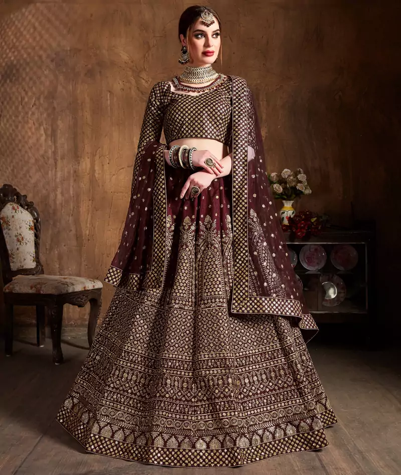 Mesmerizing Maroon Zari & Glitter Sequins Embroidered Art Silk Semi Stitched wedding Lehenga
