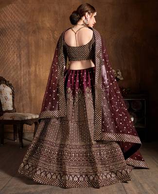 Mesmerizing Maroon Zari & Glitter Sequins Embroidered Art Silk wedding Lehenga 2