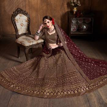 Mesmerizing Maroon Zari & Glitter Sequins Embroidered Art Silk wedding Lehenga 3