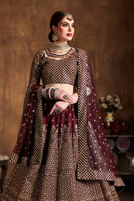 Mesmerizing Maroon Zari & Glitter Sequins Embroidered Art Silk wedding Lehenga 4