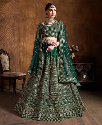 Marvelous Green Zari & Glitter Sequins Embroidered Art Silk Bridal Lehenga Choli 1