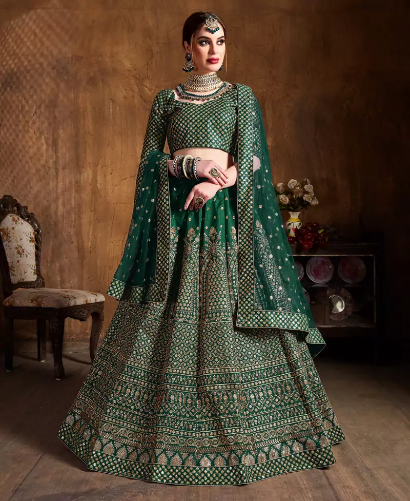 Marvelous Green Zari & Glitter Sequins Embroidered Art Silk Bridal Lehenga choli