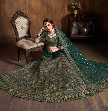 Marvelous Green Zari & Glitter Sequins Embroidered Art Silk Bridal Lehenga Choli 3