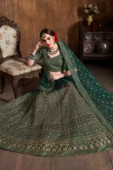 Marvelous Green Zari & Glitter Sequins Embroidered Art Silk Bridal Lehenga Choli