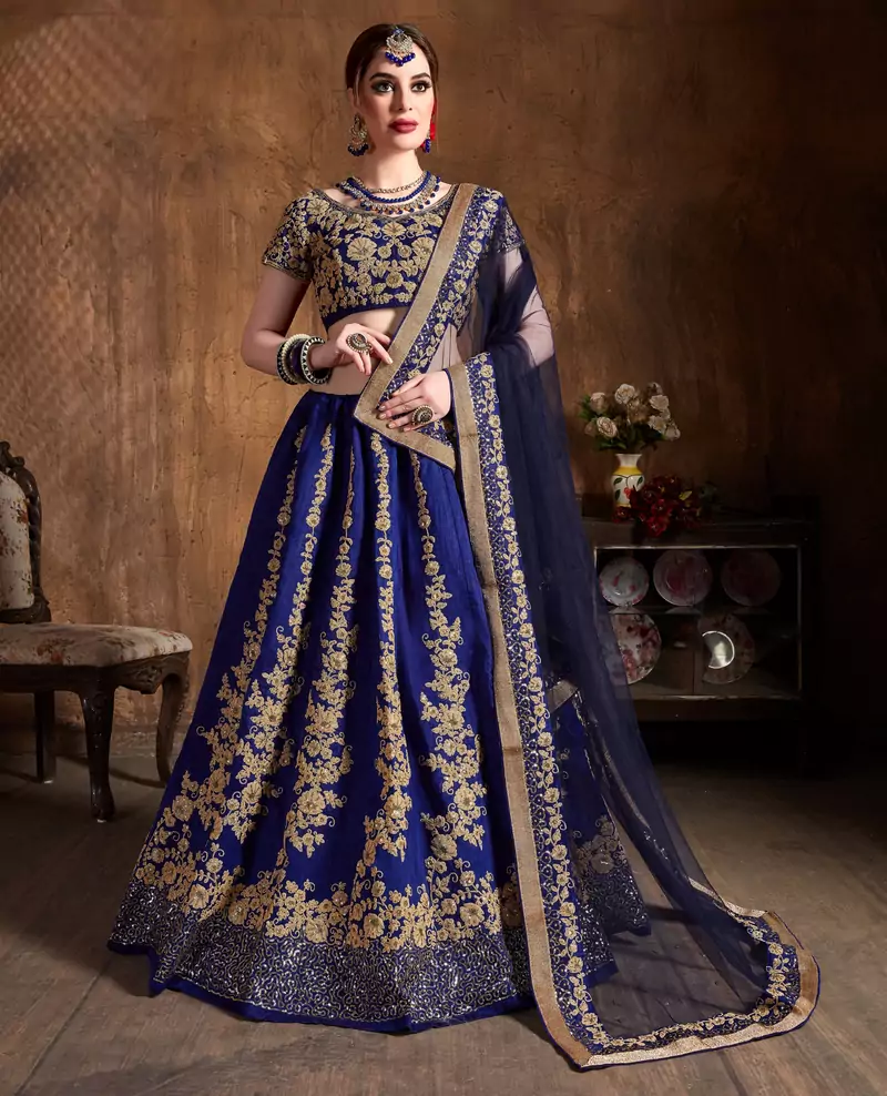 Navy Blue Dori And Sequins Embroidered Art Silk Semi Stitched Bridal Lehenga