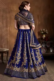 Navy Blue Dori And Sequins Embroidered Art Silk Semi Stitched Bridal Lehenga