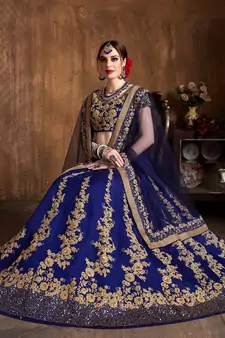 Navy Blue Dori And Sequins Embroidered Art Silk Semi Stitched Bridal Lehenga