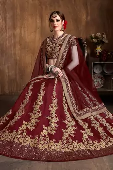 Maroon Dori And Sequins Embroidered Art Silk Semi Stitched Lehenga Choli With Dupatta