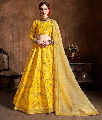 Yellow Zari Dori Thread And Sequins Embroidered Art Silk Semi Stitched Bridal Lehenga 1