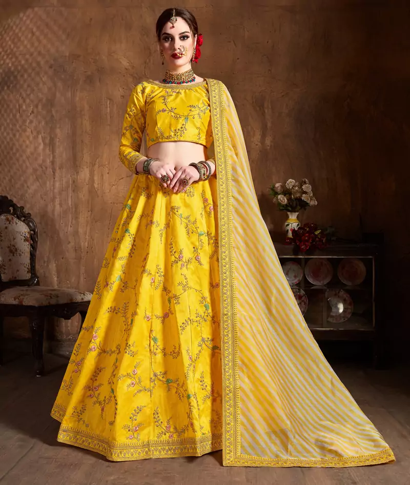 Yellow Zari, Dori, Thread And Sequins Embroidered Art Silk Semi Stitched Bridal Lehenga