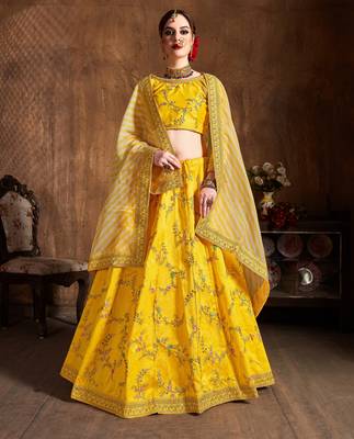 Yellow Zari Dori Thread And Sequins Embroidered Art Silk Semi Stitched Bridal Lehenga 4
